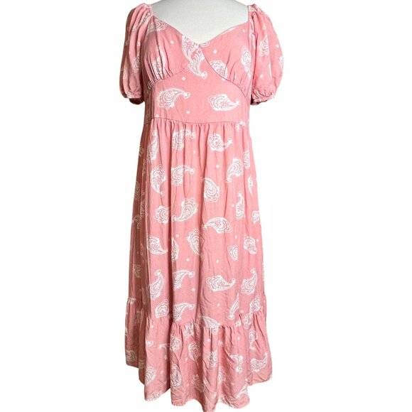 PatPat Pink Boho Paisley Midi Dress XL Short Puff Sleeves V-Neck 100% Viscose Ru - Picture 1 of 16